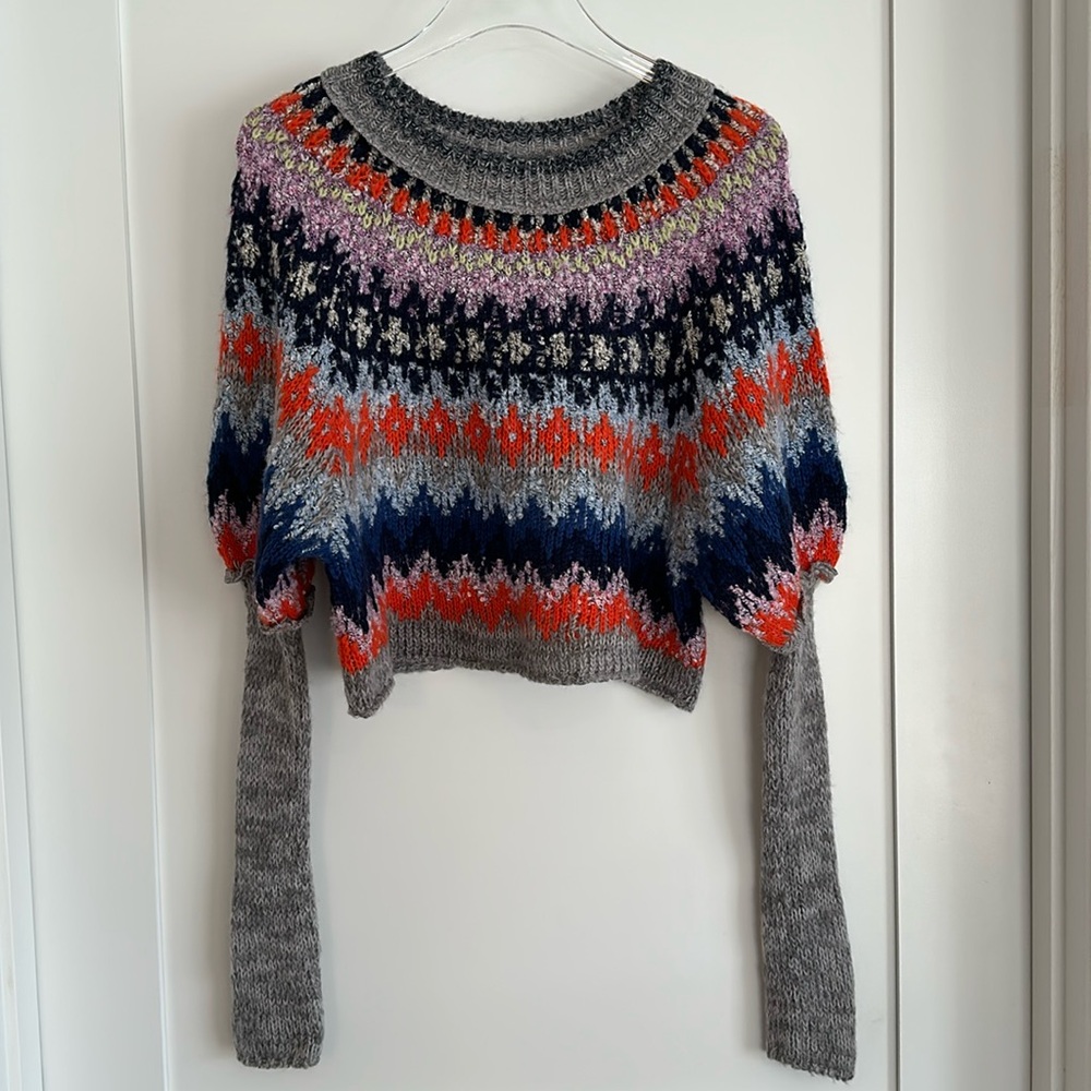 Free People Home For The Holidays Cropped Sweater Gray Combo SIZE XS EUC
